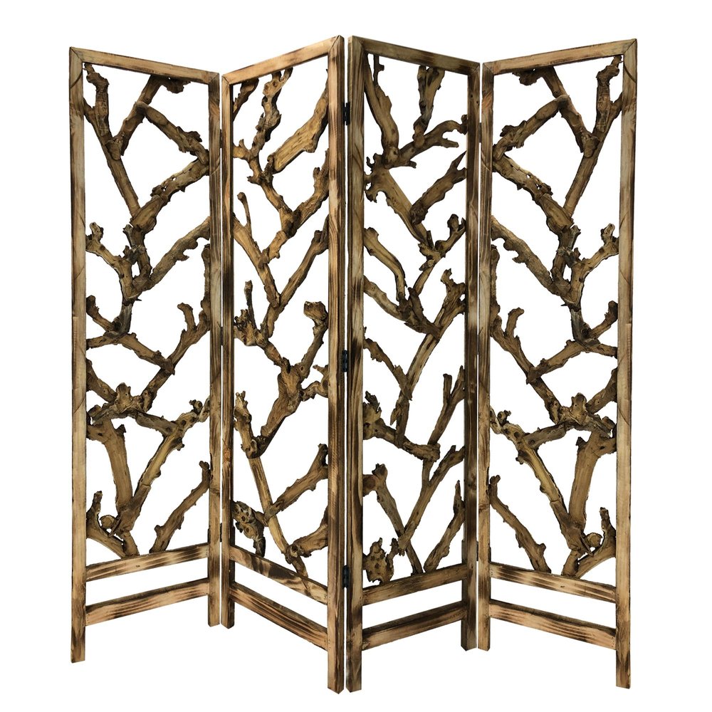 84" Brown Solid WoodFolding Four Panel Screen Room Divider on a white background
