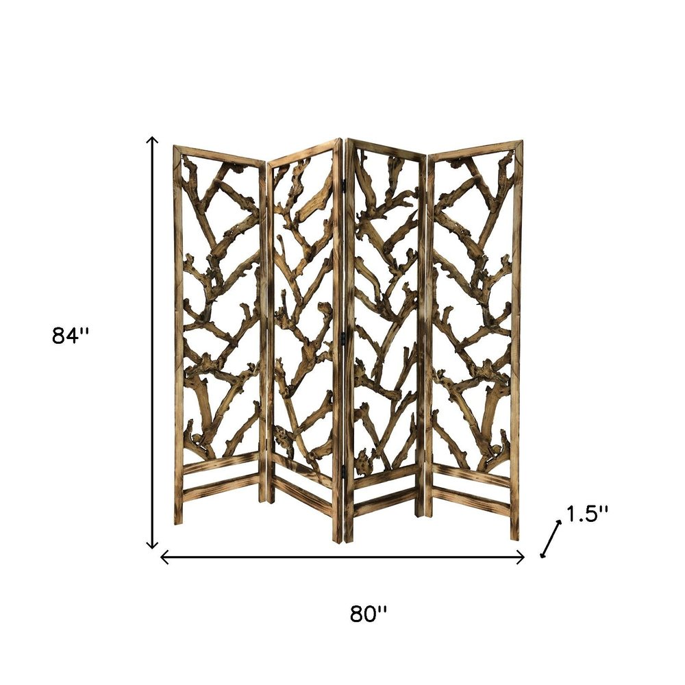 84" Brown Solid WoodFolding Four Panel Screen Room Divider on a white background