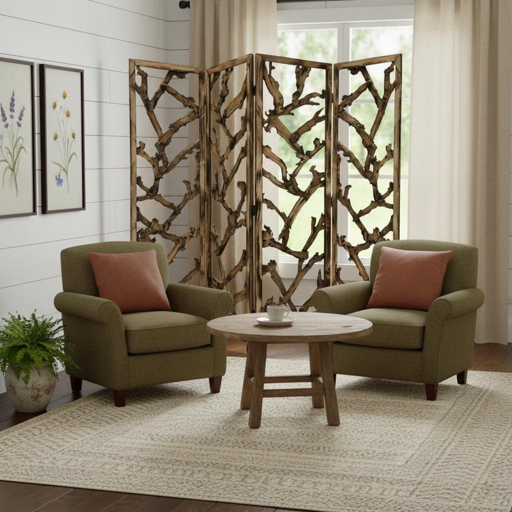 84" Brown Solid WoodFolding Four Panel Screen Room Divider in a home interior