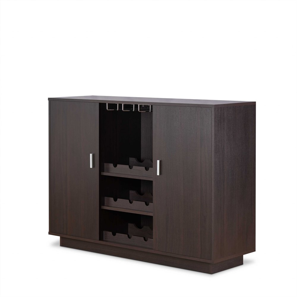 Espresso wood finish wine and stemware cabinet with two doors and interior wine racks, shown against a white background.