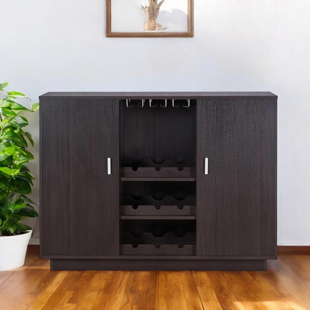 Espresso Wood Finish Wine And Stemware Cabinet close-up detail