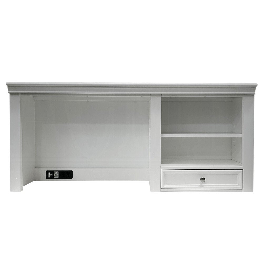 White wood computer hutch with a shelf and drawer, featuring an integrated power outlet on a white background.