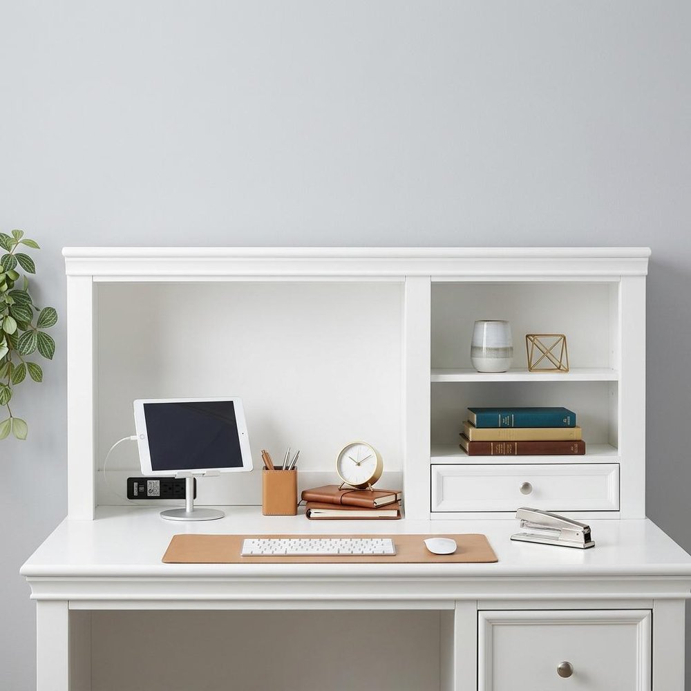 White Wood Computer Hutch With Shelf And Drawer on a white background