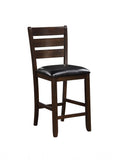 Set of Two 41" Black And Brown Faux Leather And Solid Wood Counter Height Bar Chairs on a white background