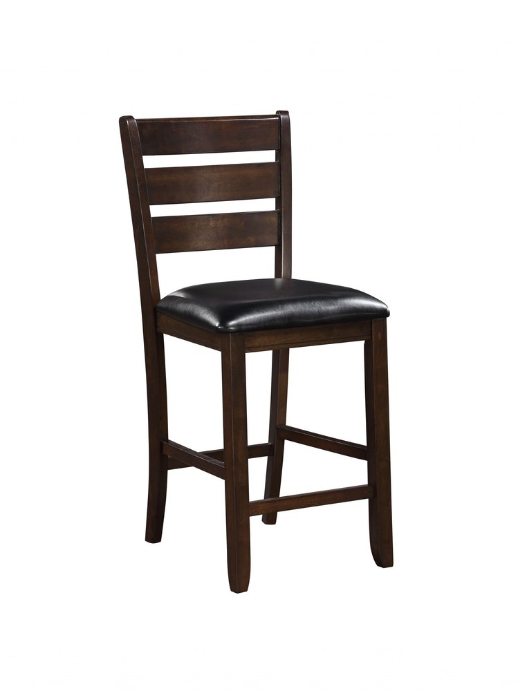 Set of Two 41" Black And Brown Faux Leather And Solid Wood Counter Height Bar Chairs on a white background