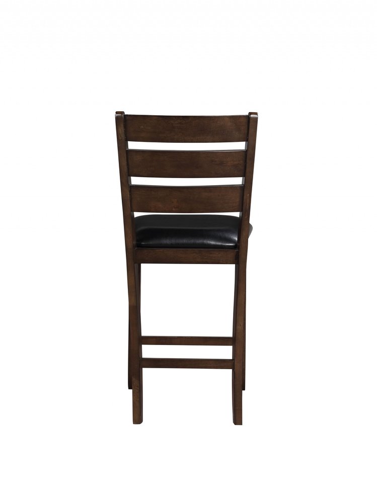 Set of Two 41" Black And Brown Faux Leather And Solid Wood Counter Height Bar Chairs on a white background