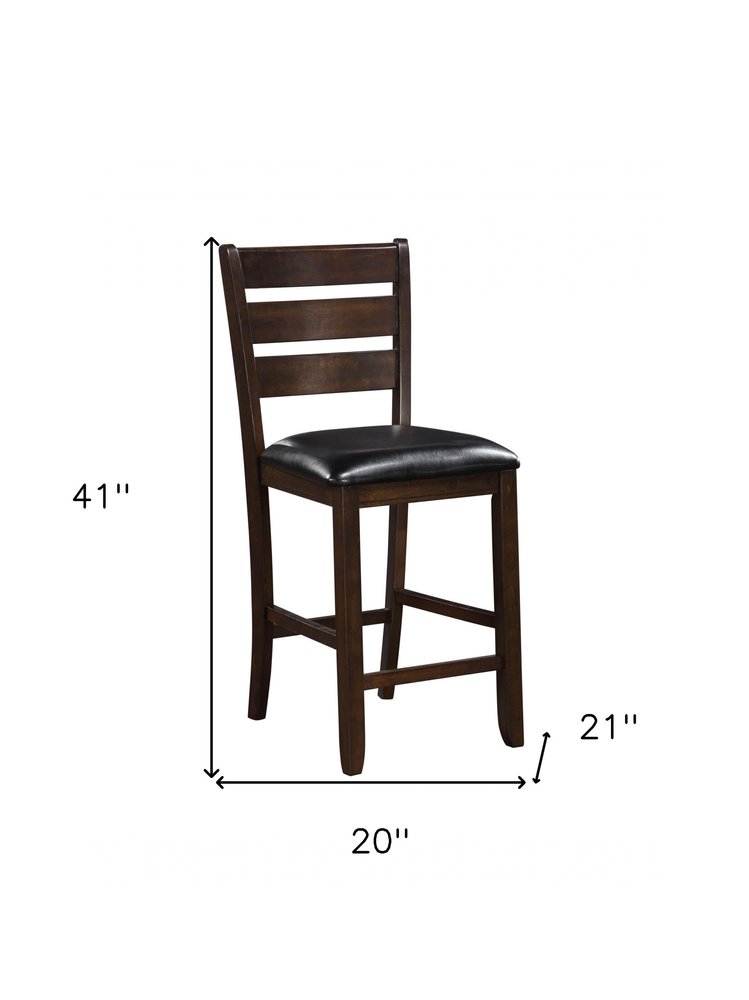 Set of Two 41" Black And Brown Faux Leather And Solid Wood Counter Height Bar Chairs on a white background