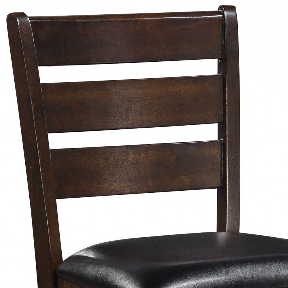 Set of Two 41" Black And Brown Faux Leather And Solid Wood Counter Height Bar Chairs on a white background