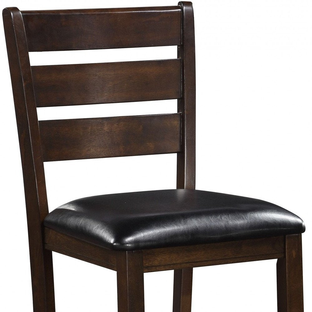 Set of Two 41" Black And Brown Faux Leather And Solid Wood Counter Height Bar Chairs on a white background