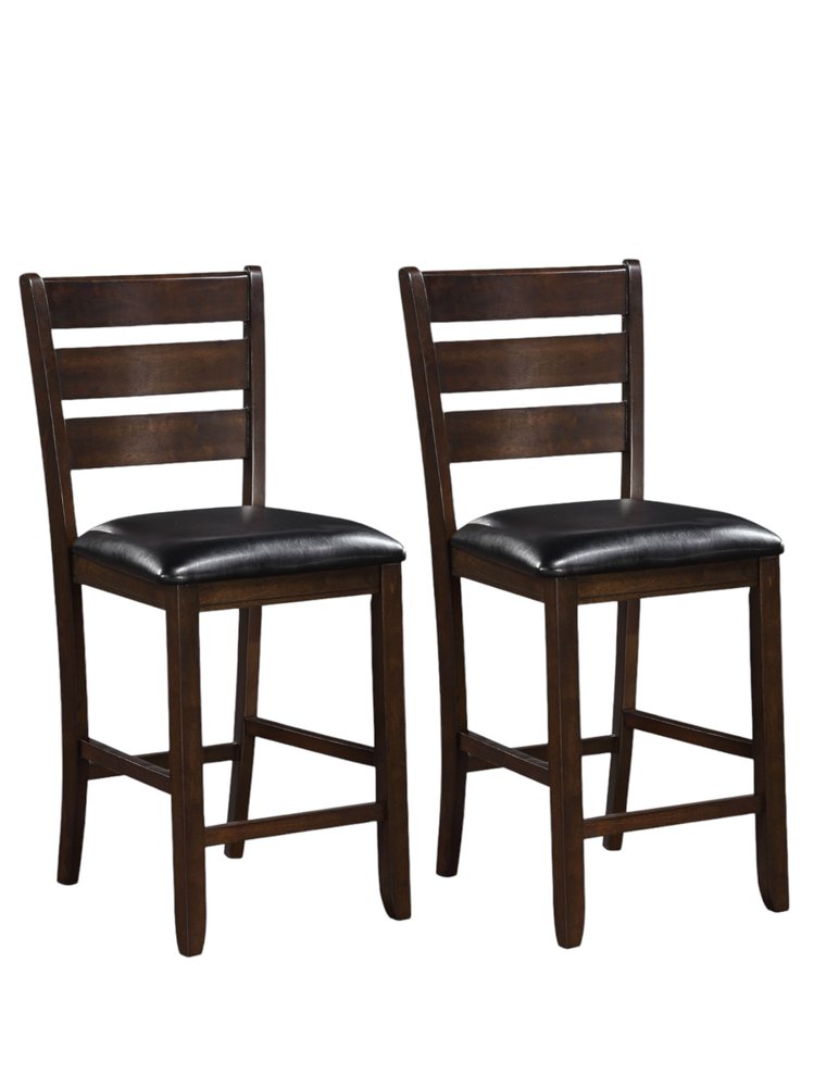 Set of Two 41" Black And Brown Faux Leather And Solid Wood Counter Height Bar Chairs on a white background
