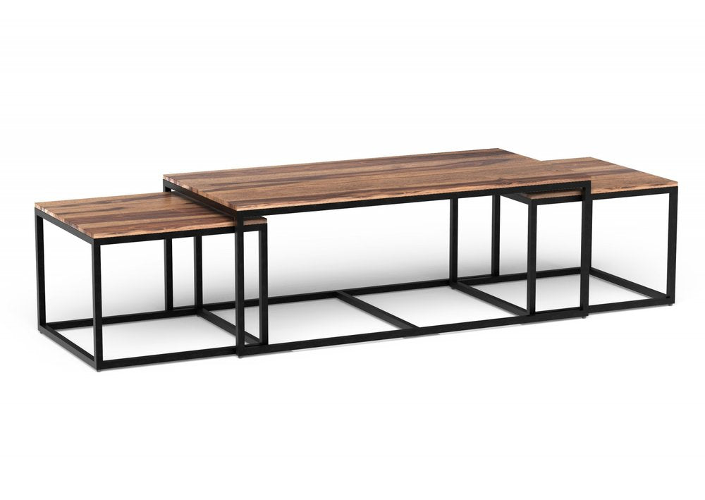 A set of three nesting coffee tables with natural wood tops and black iron frames on a white background.