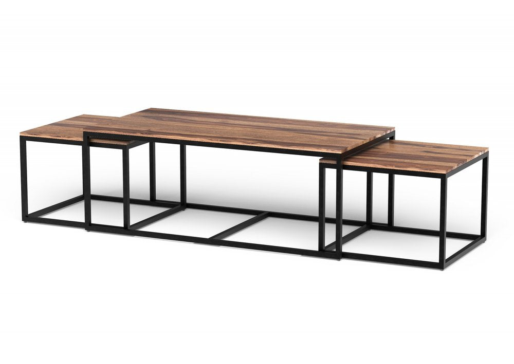Set of Three 47" Natural And Black Solid Wood And Iron Coffee Table on a white background