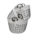 Set Of Three Black Oval Wire Baskets with White Fabric Liners and Handles on a white background