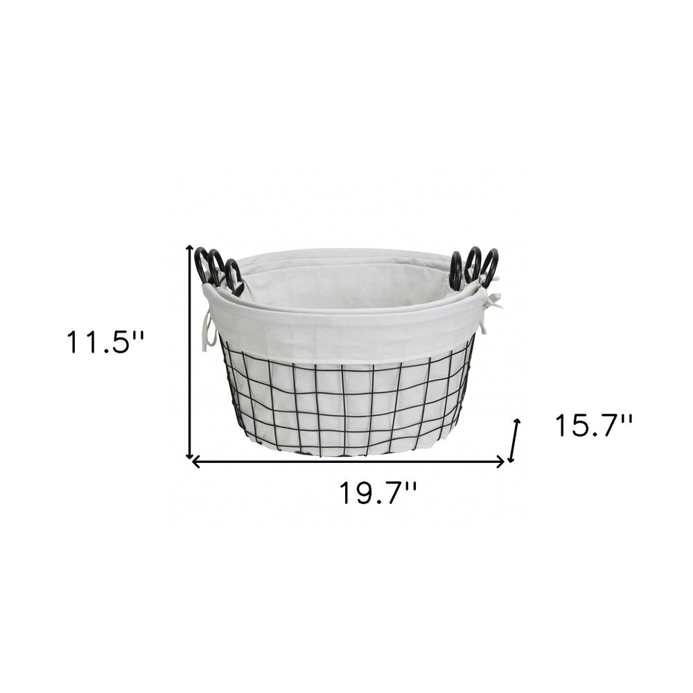 Set Of Three Black Oval Wire Baskets with White Fabric Liners and Handles on a white background