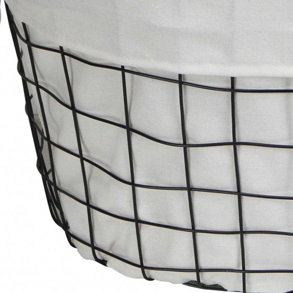 Set Of Three Black Oval Wire Baskets with White Fabric Liners and Handles close-up detail