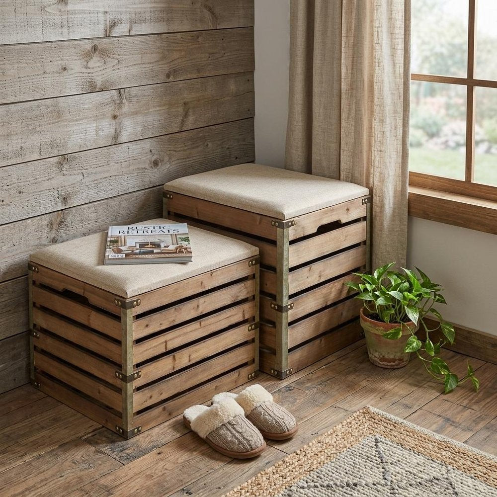 Set of Two Brown Wood Slat and Upholstery Storage Benches With Flip Top in a home interior