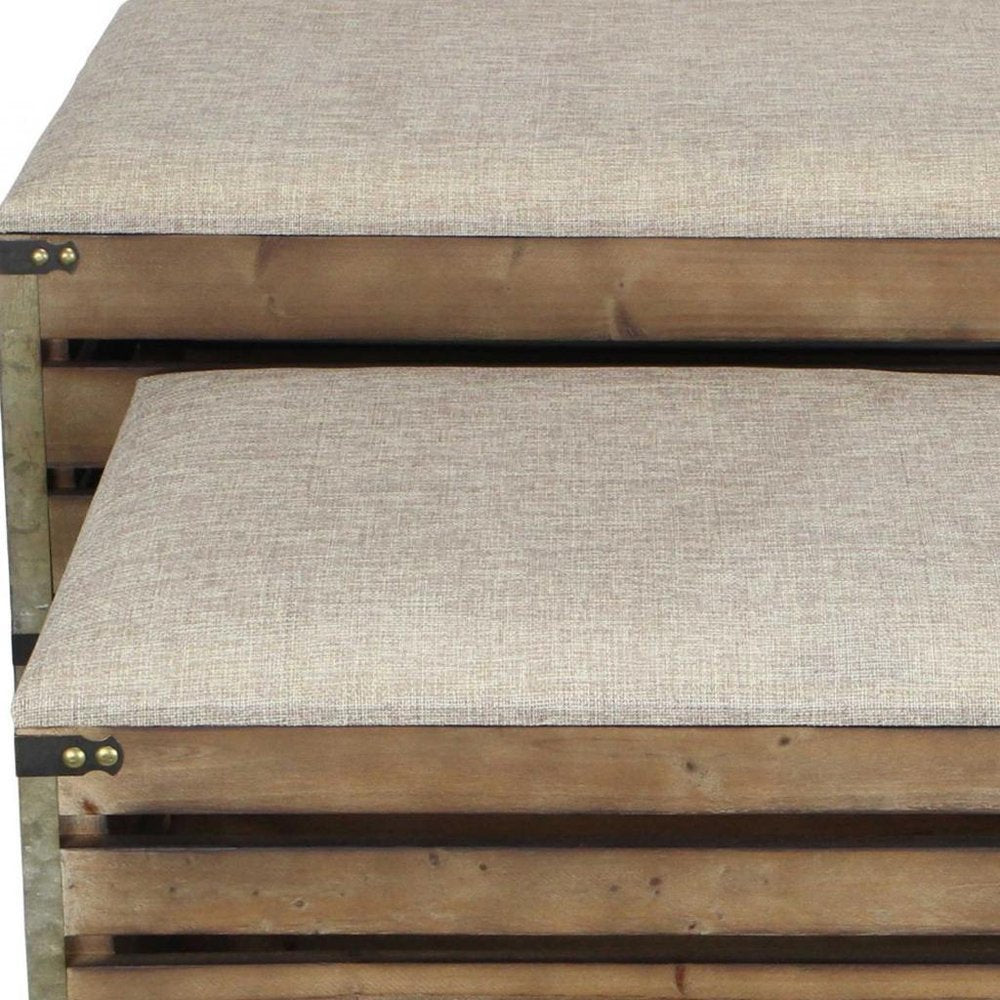 Set of Two Brown Wood Slat and Upholstery Storage Benches With Flip Top in a home interior