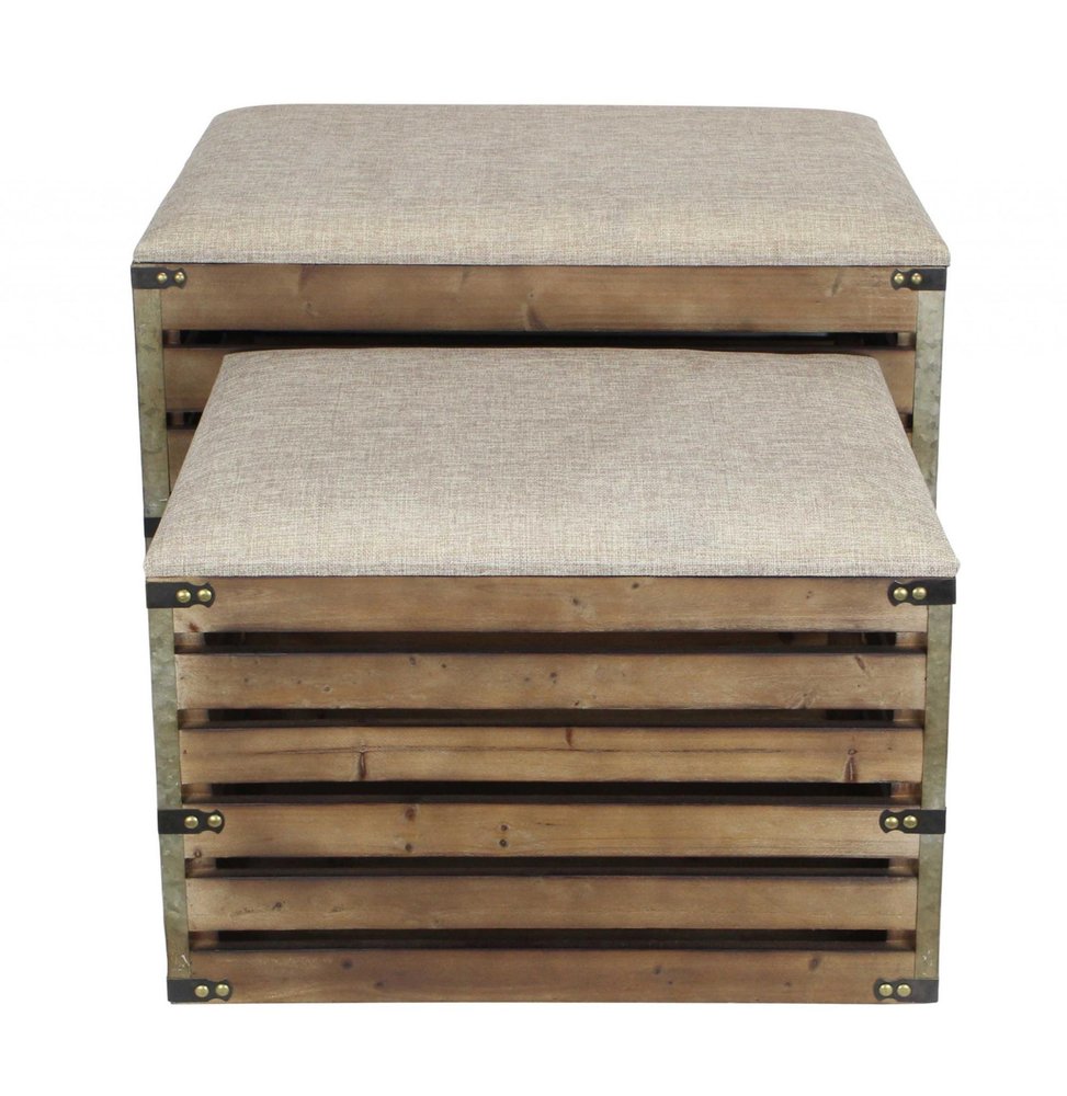 Set of Two Brown Wood Slat and Upholstery Storage Benches With Flip Top on a white background