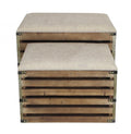 Set of Two Brown Wood Slat and Upholstery Storage Benches With Flip Top on a white background