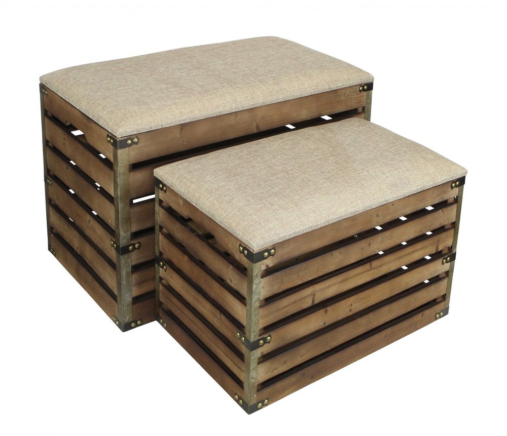 Set of Two Brown Wood Slat and Upholstery Storage Benches With Flip Top on a white background