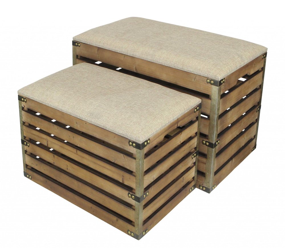 Set of Two Brown Wood Slat and Upholstery Storage Benches With Flip Top on a white background