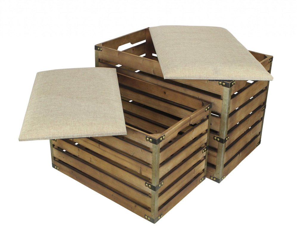 Set of Two Brown Wood Slat and Upholstery Storage Benches With Flip Top on a white background