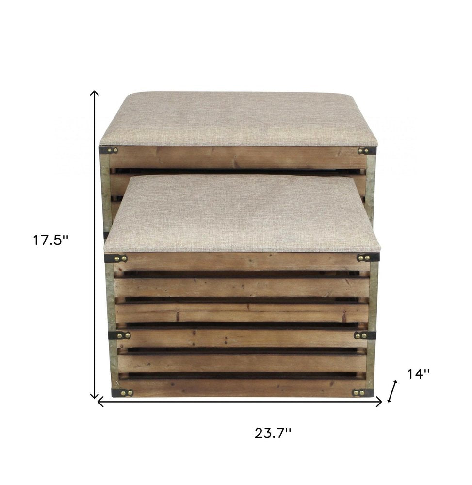 Set of Two Brown Wood Slat and Upholstery Storage Benches With Flip Top on a white background