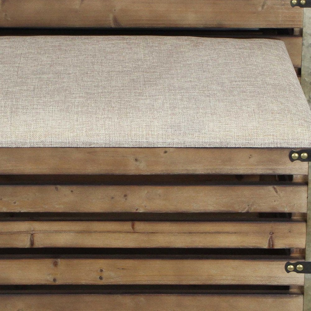 Set of Two Brown Wood Slat and Upholstery Storage Benches With Flip Top close-up detail