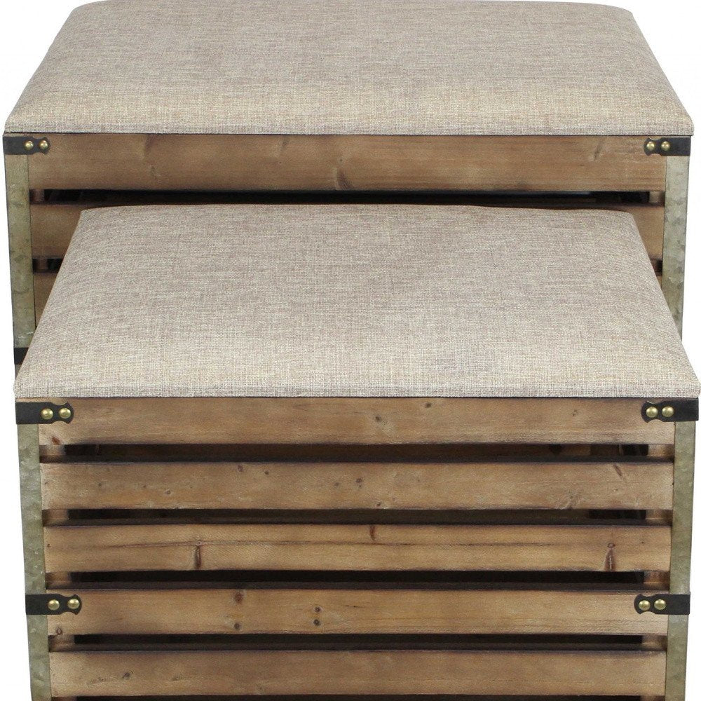 Set of Two Brown Wood Slat and Upholstery Storage Benches With Flip Top close-up detail