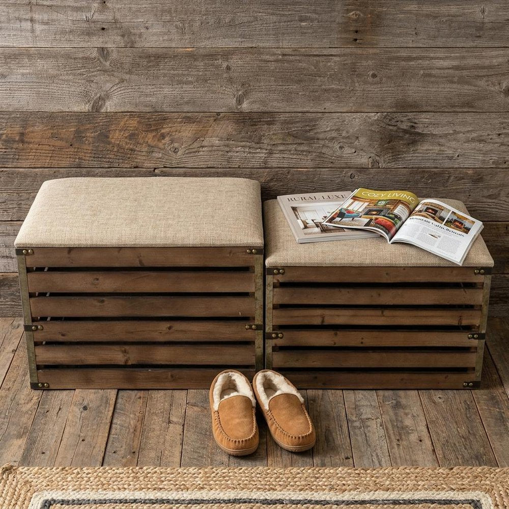 Set of Two Brown Wood Slat and Upholstery Storage Benches With Flip Top in a home interior
