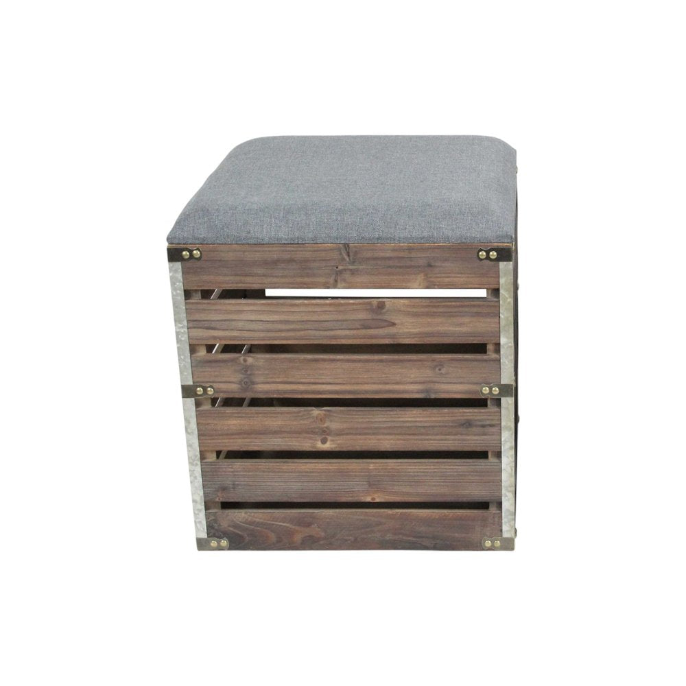 Set Of 2 Square Gray Linen Fabric And Wood Slats Storage Benches on a white background