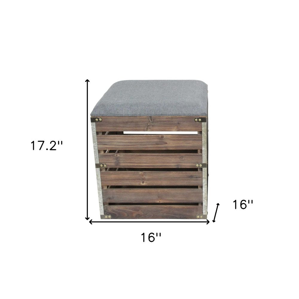 Set Of 2 Square Gray Linen Fabric And Wood Slats Storage Benches on a white background