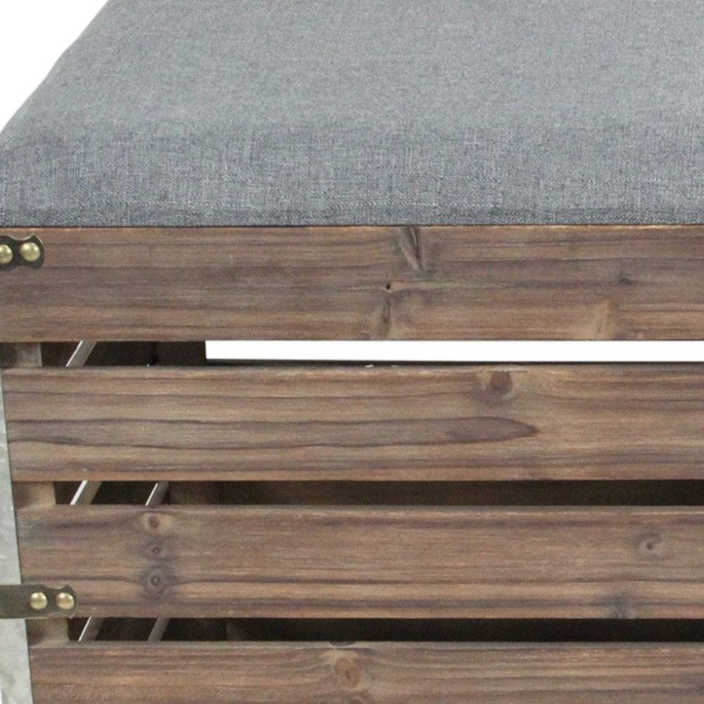 Set Of 2 Square Gray Linen Fabric And Wood Slats Storage Benches in a home interior