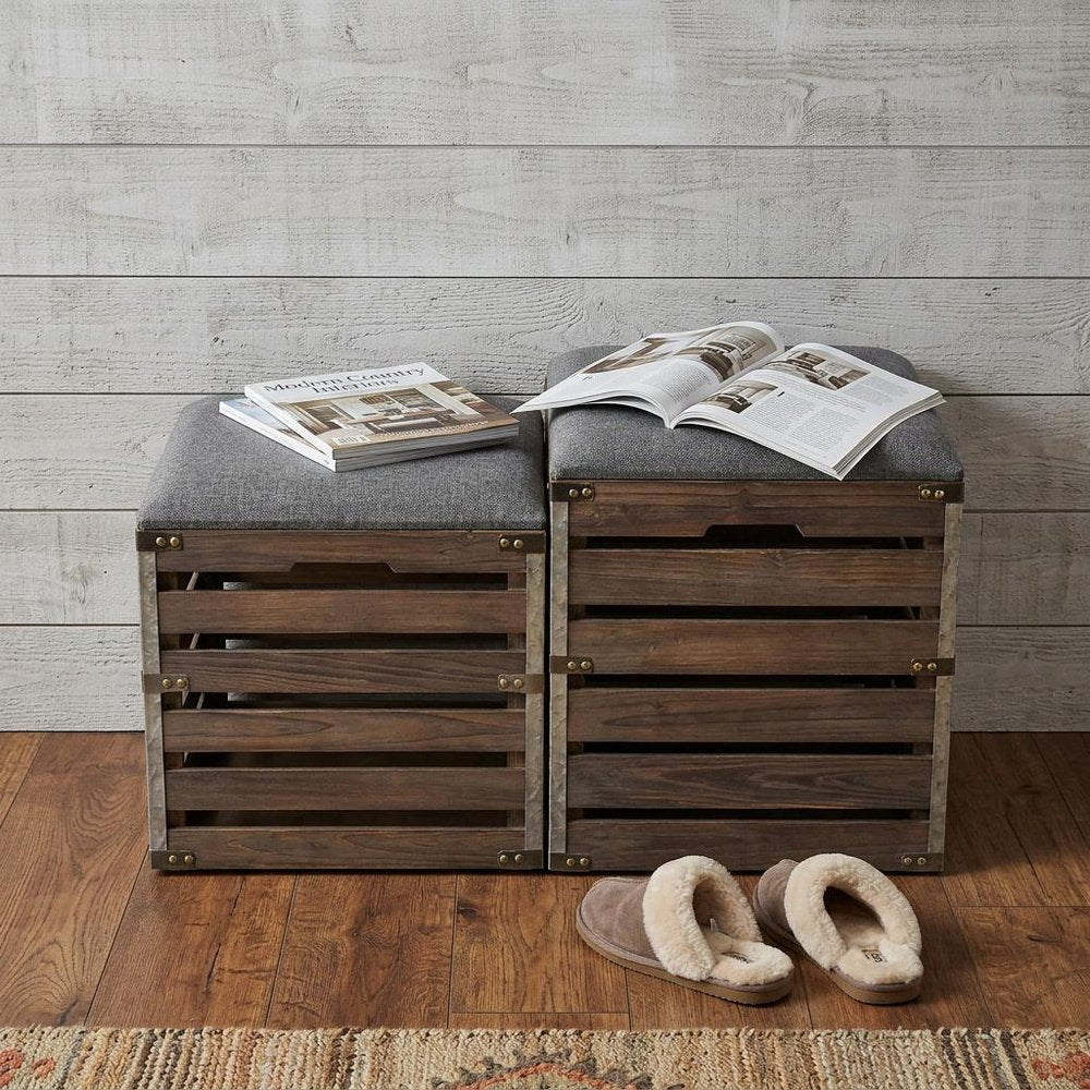 Set Of 2 Square Gray Linen Fabric And Wood Slats Storage Benches in a home interior