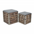Set Of 2 Square Gray Linen Fabric And Wood Slats Storage Benches on a white background