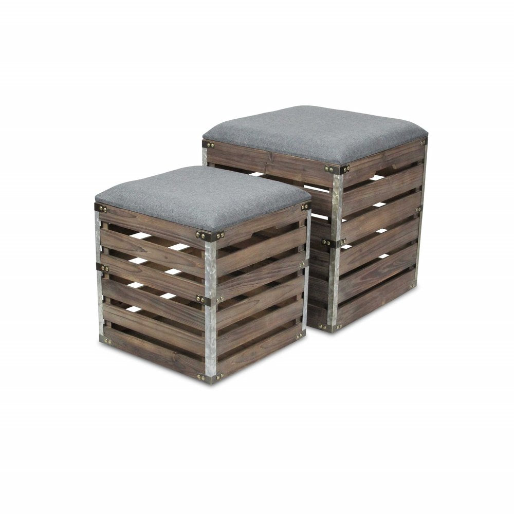 Set Of 2 Square Gray Linen Fabric And Wood Slats Storage Benches on a white background