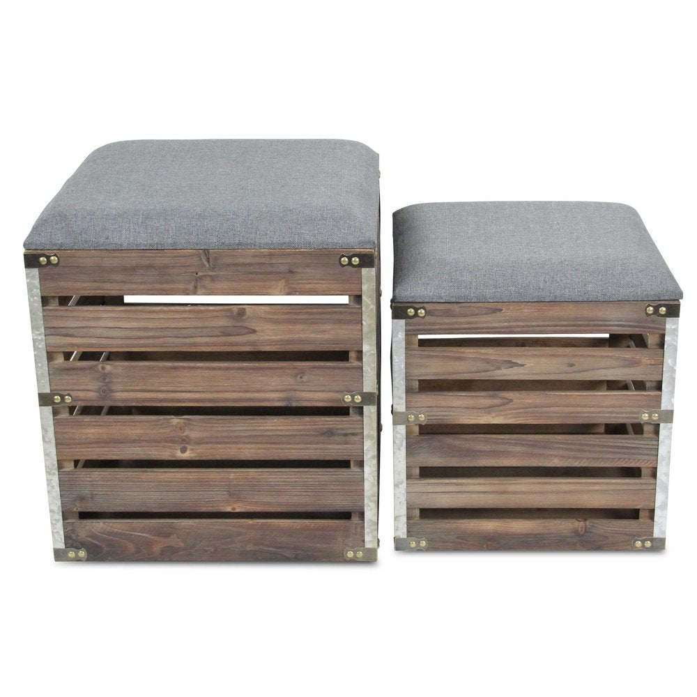 Set Of 2 Square Gray Linen Fabric And Wood Slats Storage Benches on a white background