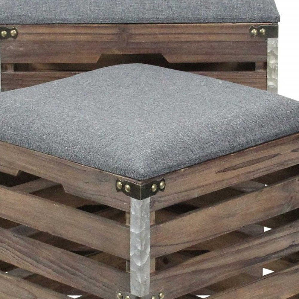 Set Of 2 Square Gray Linen Fabric And Wood Slats Storage Benches in a home interior