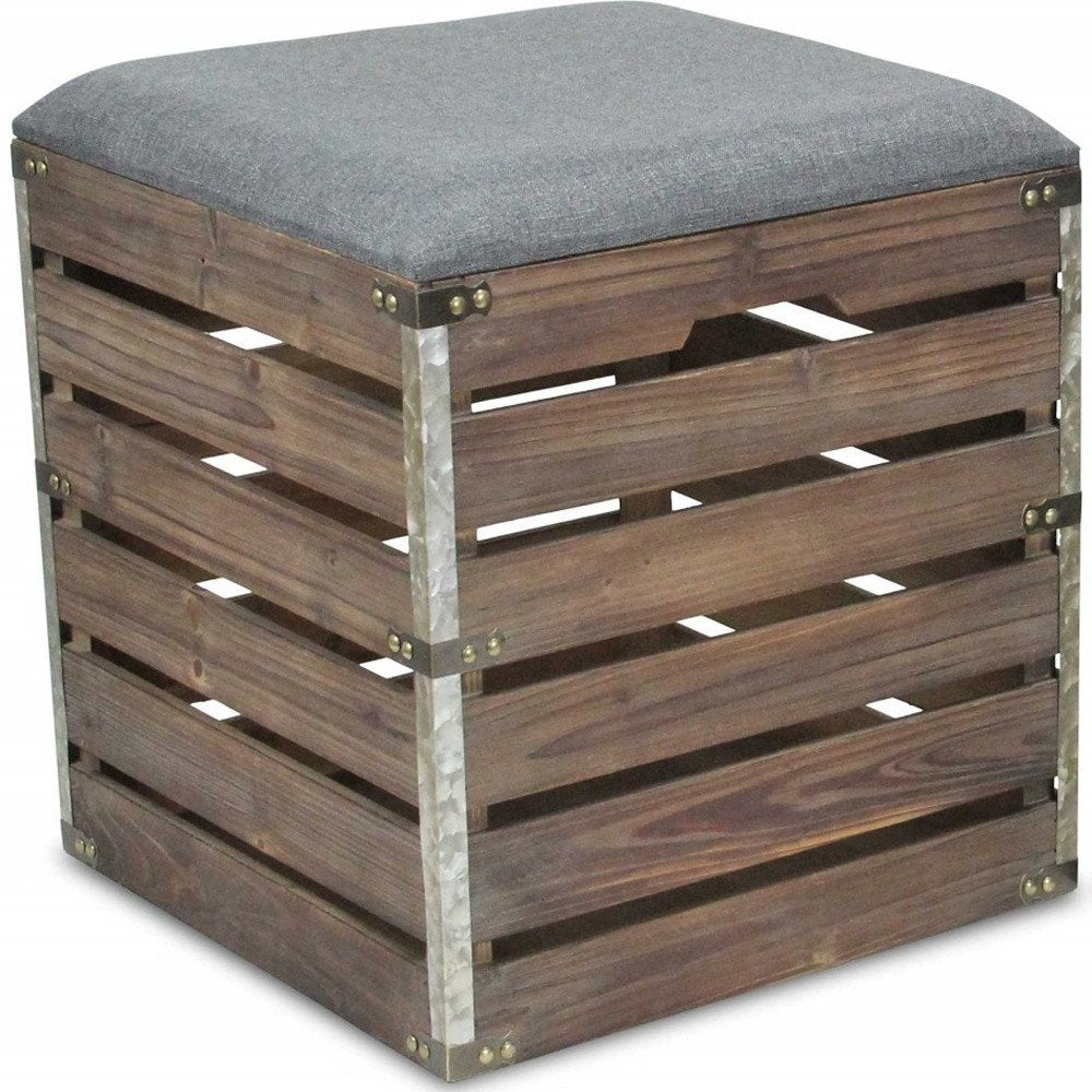 Set Of 2 Square Gray Linen Fabric And Wood Slats Storage Benches on a white background