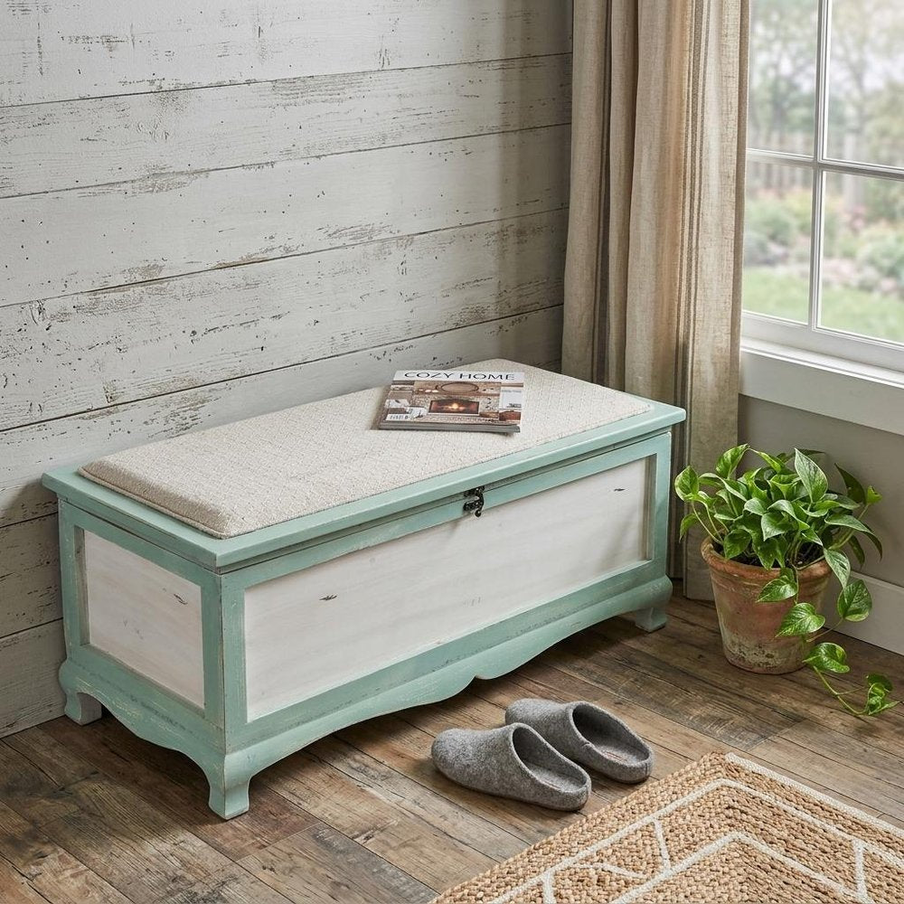 Rectangular Green Wooden With Seat Cushion And Inside Storage Bench in a home interior