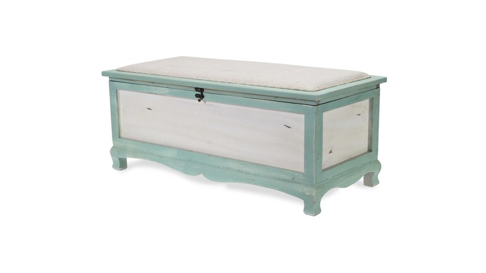 Rectangular Green Wooden With Seat Cushion And Inside Storage Bench on a white background