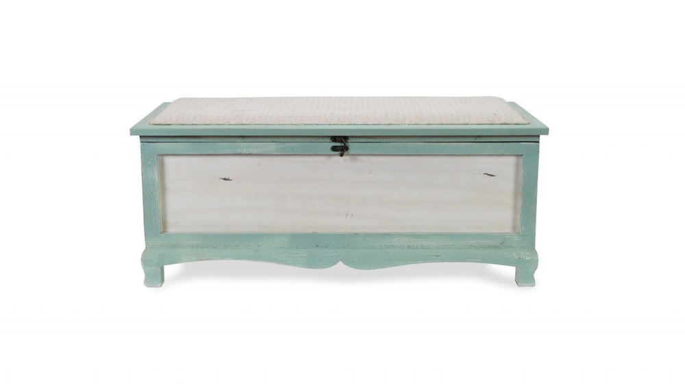 Rectangular Green Wooden With Seat Cushion And Inside Storage Bench on a white background