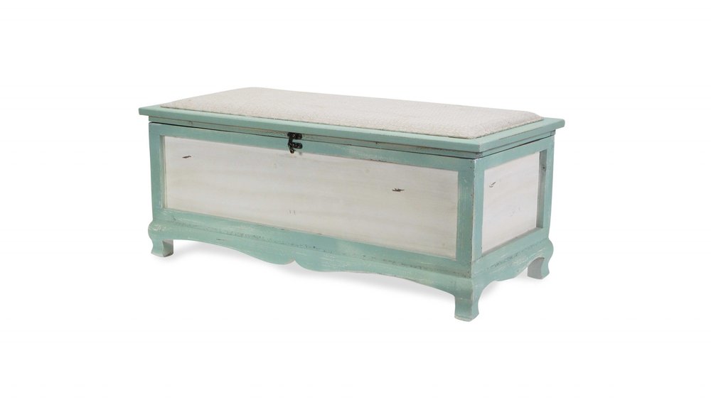 Rectangular Green Wooden With Seat Cushion And Inside Storage Bench on a white background