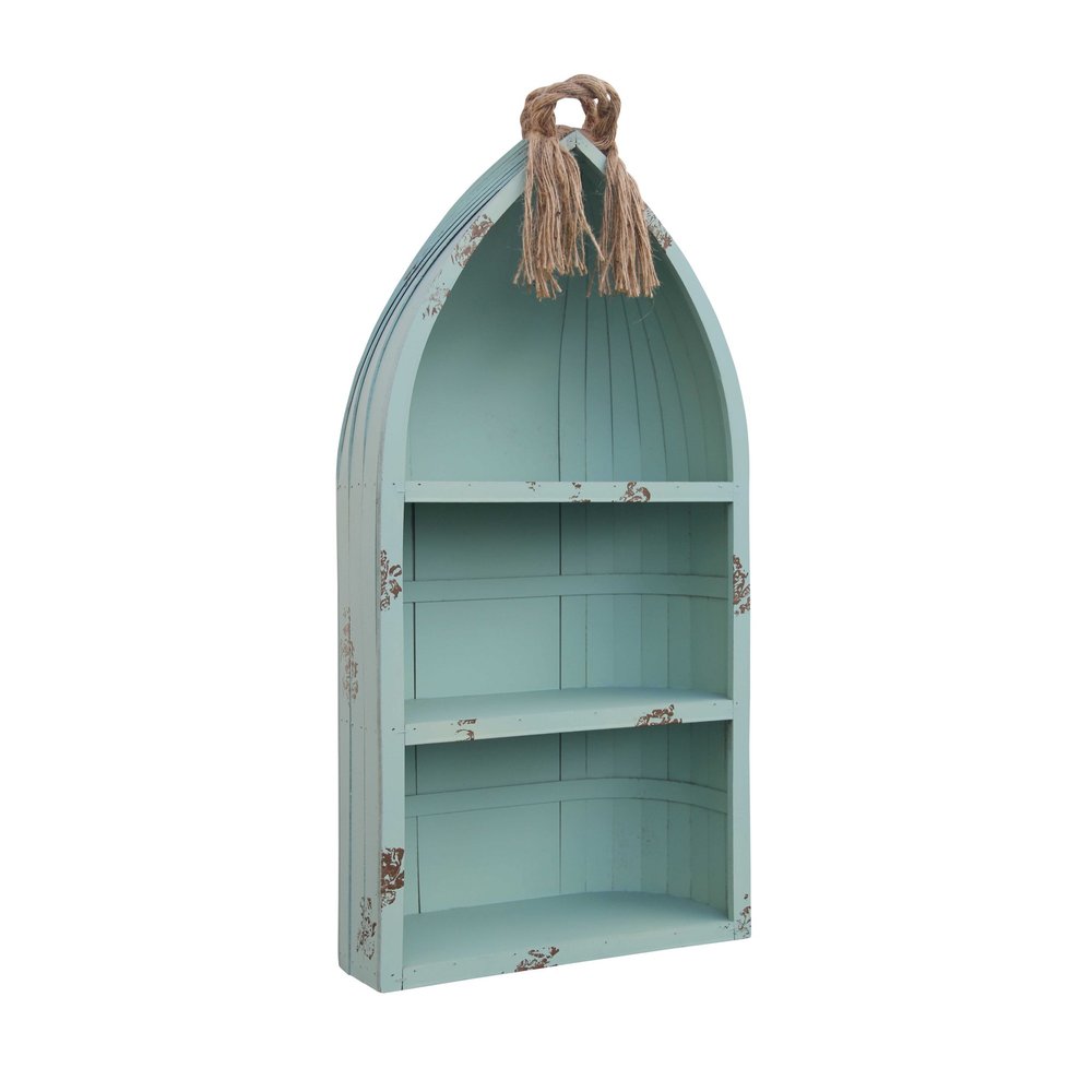 34" Aqua Blue Wood Canoe Hanging Shelf. Wall mounted shelve isolated on a plain white background, showing a blue wood surface.