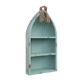 34" Aqua Blue Wood Canoe Hanging Shelf. Wall mounted shelve isolated on a plain white background, showing a blue wood surface.