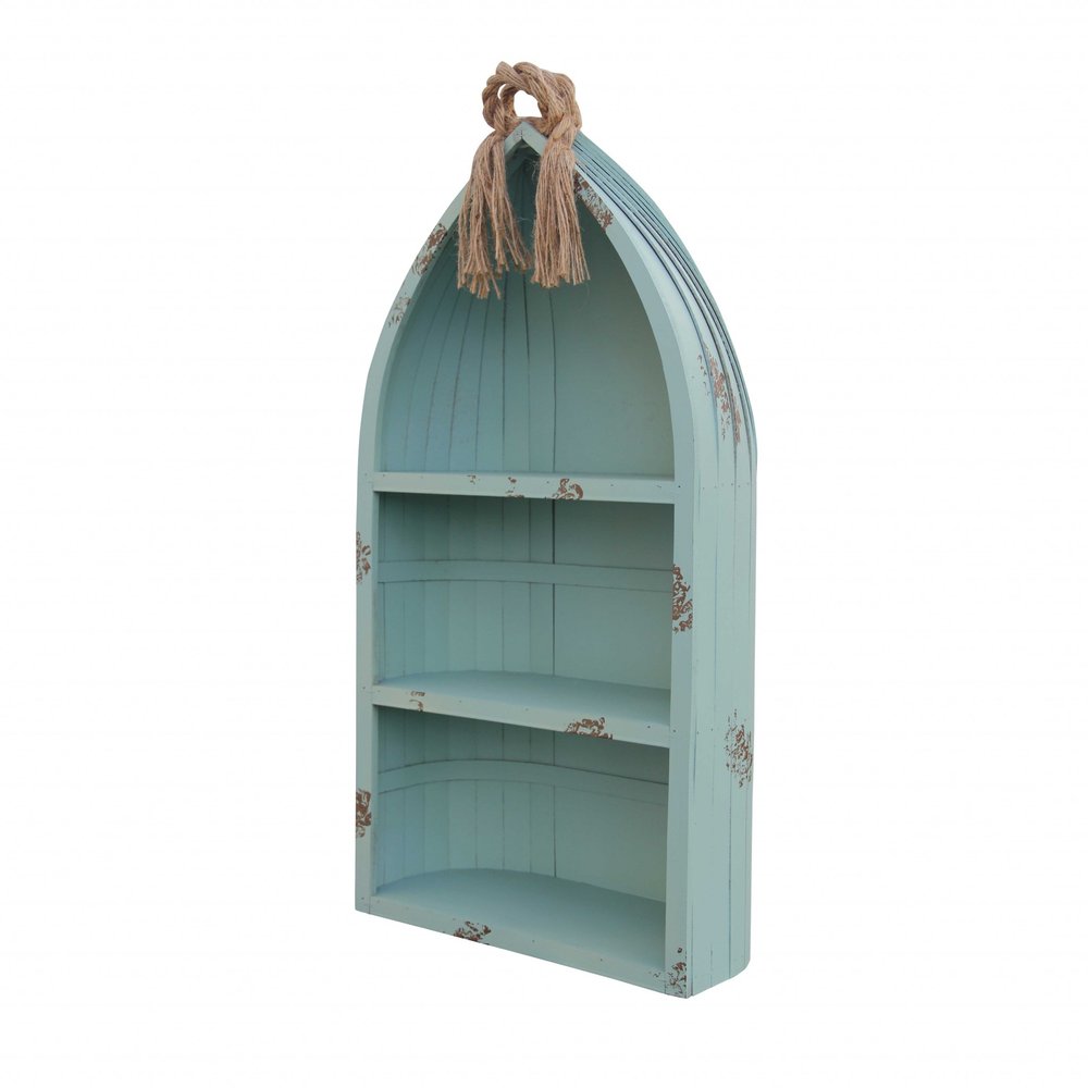 34" Aqua Blue Wood Canoe Hanging Shelf. Wall mounted shelve isolated on a plain white background, in a blue wood finish.