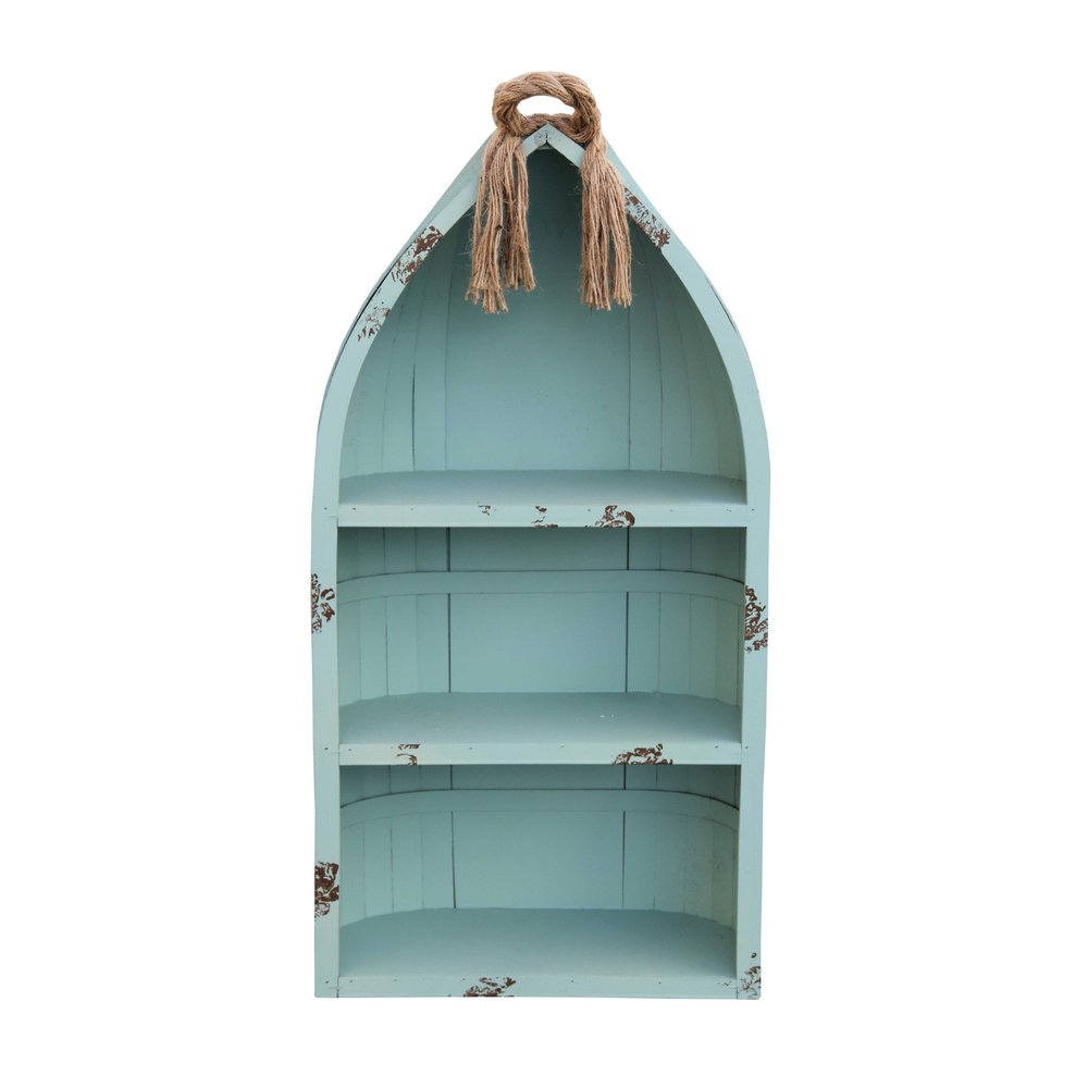 34" Aqua Blue Wood Canoe Hanging Shelf. Wall mounted shelve isolated on a plain white background, finished in blue wood.