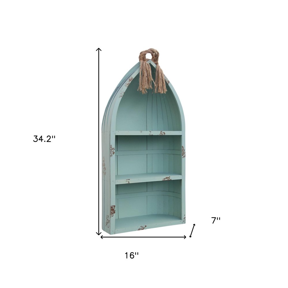 34" Aqua Blue Wood Canoe Hanging Shelf. Wall mounted shelve isolated on a plain white background, finished in blue wood.