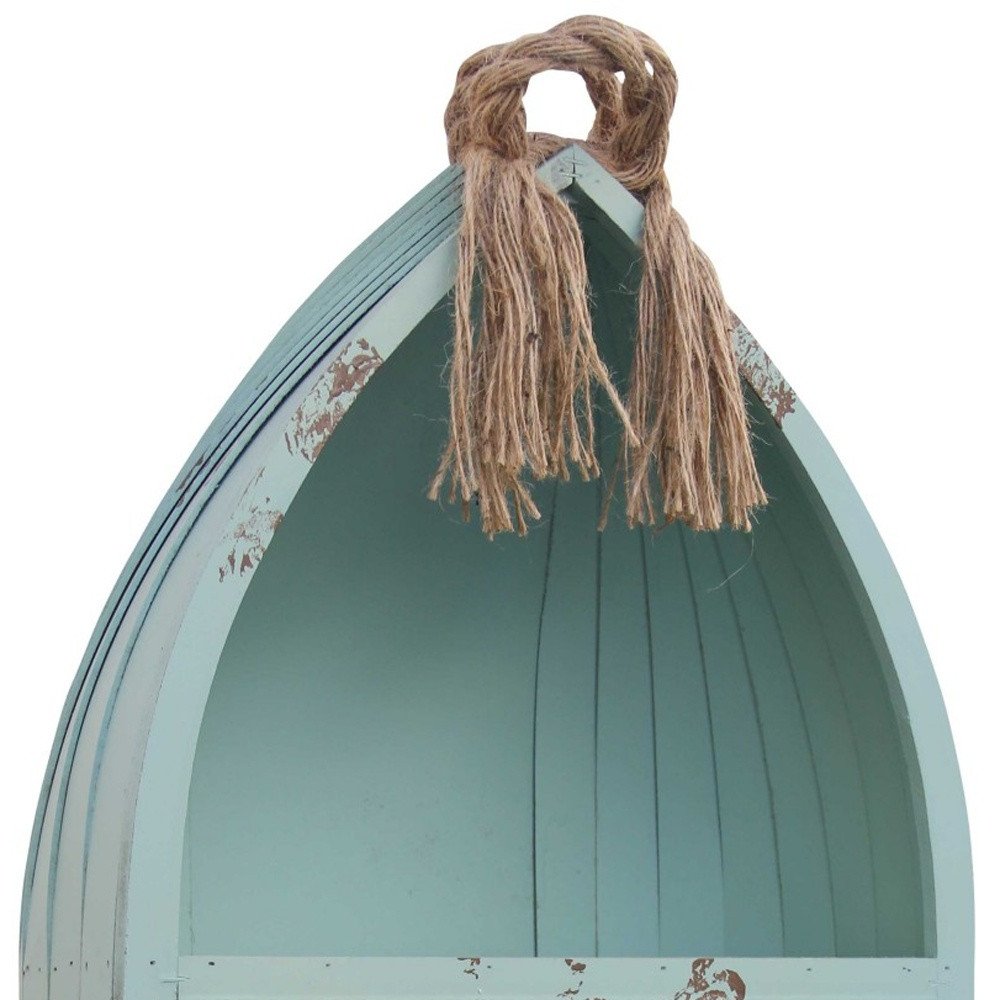 34" Aqua Blue Wood Canoe Hanging Shelf. Wall mounted shelve isolated on a plain white background, in a blue wood finish.