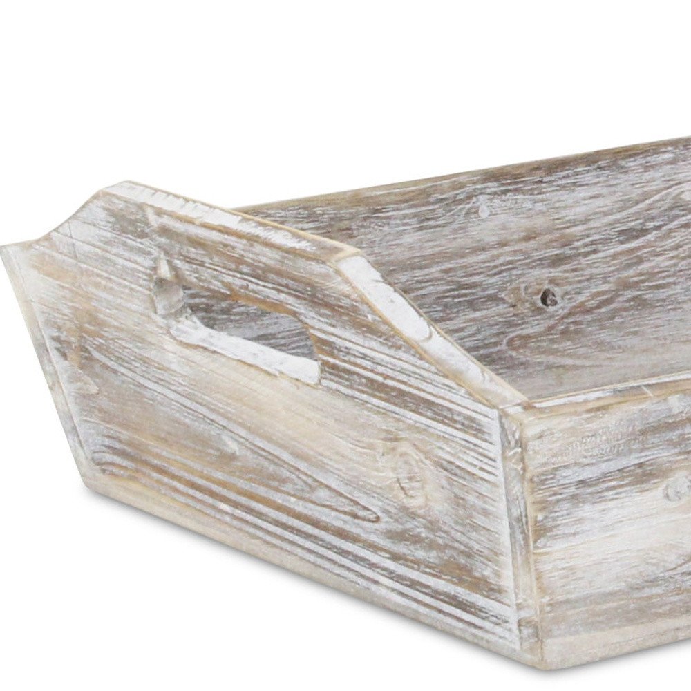 White Rustic Finish Wood Serving Tray With Handles on a white background